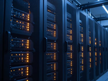 Wide-angle architectural shot of a dark high-density server rack hall, cool blue ambient light, sharp electric orange LED indicators, 35mm