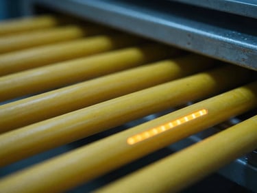Macro depth of field close-up of heavy industrial yellow fiber optic cables routed through overhead metal trays, low-key lighting, 35mm