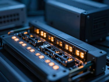 Macro close-up of enterprise server blade chassis, glowing status lights, industrial backup power generator in the soft background, 35mm