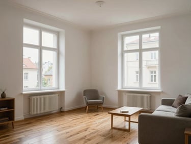 Vilnius apartment interior, bright living room with wooden floor, natural light through tall windows, minimal furnishings, no people, documentary style