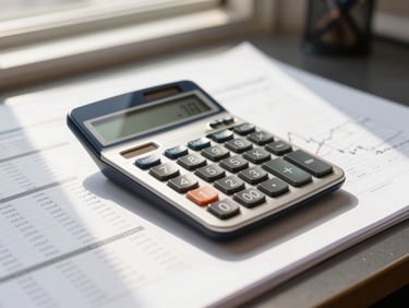 A close-up of financial spreadsheets and a clean modern calculator on a desk, warm morning light, professional setting