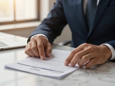 Close-up of professional hands reviewing physical financial reports on a marble desk, warm natural window light, subtle gold and navy tones, shallow depth of field, premium editorial style.
