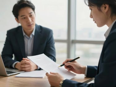 Two professionals in a bright modern office discussing a document, soft focus, natural light, professional atmosphere