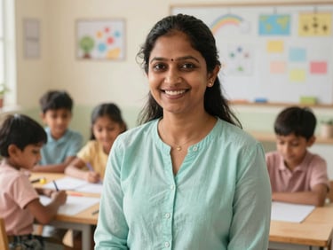 Friendly portrait of a smiling Indian female early childhood educator, natural light, teaching aids in background.