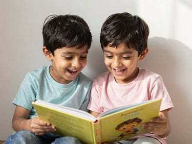 Two happy Indian toddlers laughing and sharing a picture book in a cozy, sunlit reading corner, bright cheerful atmosphere.