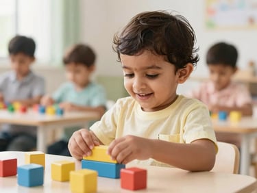 Happy Indian toddler playing with colorful wooden blocks in a bright, sunlit classroom, soft focus, candid.