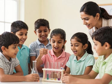 Group of happy Indian children engaged in a science experiment with a teacher, looking excited and curious, natural light.