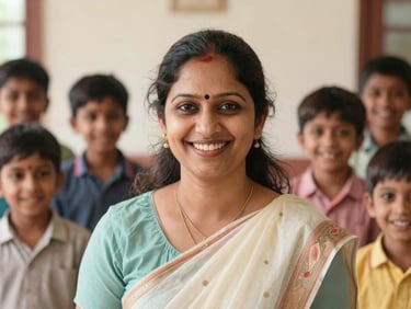 Warm portrait of a smiling Indian female early childhood educator, natural light, soft background.