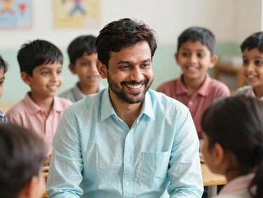 Candid portrait of a smiling Indian male early childhood educator, natural light, interacting with children in background.