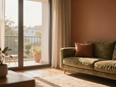 Warm editorial photography of a cozy apartment living room, terracotta accents, large window with soft afternoon sun casting long shadows, 35mm style