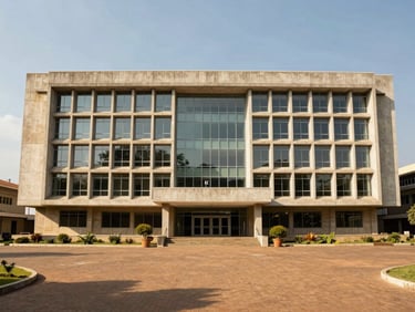 Wide-angle architectural photograph of a modern concrete and glass institutional building in Nairobi, bright natural daylight, warm earth tones, sharp focus, 35mm