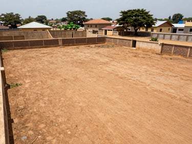 Wide architectural angle of a development-ready land parcel in Lagos, bright natural daylight, warm earth tones, sharp focus, 35mm