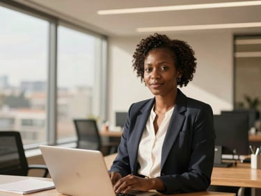 Editorial architectural portrait of a professional African female developer in a sunlit modern corporate office in Nairobi, 35mm, warm earth tones
