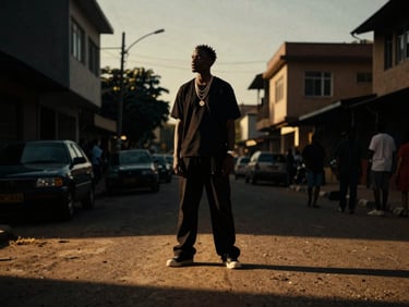 Cinematic music video still of Falkon King on a Kampala street at golden hour, dramatic high-contrast shadows, 35mm film.