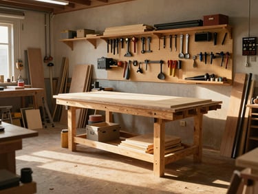 Environmental wide shot of an open woodshop, tools hanging on a pegboard wall, a half-finished project on the workbench, golden afternoon light across the floor, no one present — the equipment waiting
