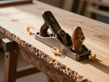 Woodshop bench with a hand plane mid-stroke on a rough oak board, shavings curling away, late afternoon light across the grain, workbench vise visible at the left edge
