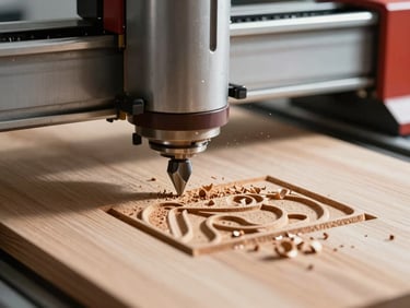CNC router carving a relief pattern into hardwood, router bit close-up, fine wood chips in the air, cool steel machine body in the background, natural north-facing daylight