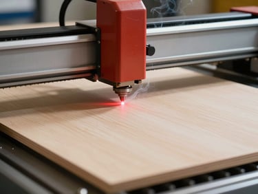 Laser cutter mid-operation on a piece of birch plywood, thin smoke trail rising, red laser dot visible, warm ambient shop light, close framing showing the cutting bed