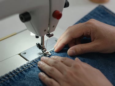 Close-up overhead of hands guiding fabric under an industrial sewing machine needle, natural light from the left, thread tension visible, raw denim material