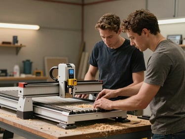Wide shot of two members at a workbench, one demonstrating a CNC router setting to the other, sawdust on the table, warm ambient shop light, both focused on the machine — not the camera