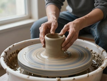 Hands centering a clay cylinder on a pottery wheel, wet clay walls rising, water catching the window light, earthy studio floor visible beneath the wheel