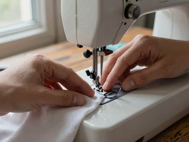 Close-up overhead of hands guiding fabric under a sewing machine needle, natural north-facing window light, thread and presser foot in sharp focus, weathered wood table surface visible at the edges