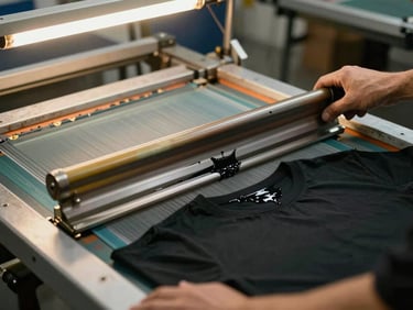 Screen printing station with a squeegee mid-pull across a mesh screen, ink bleeding through onto a black t-shirt below, hands visible at both ends of the pull, warm overhead light