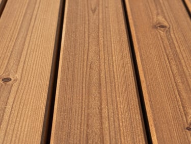Freshly stained cedar deck boards under warm late-afternoon light, tight shot showing the grain texture and even penetration of the stain along three boards