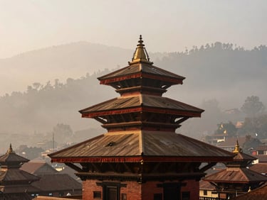 Misty mountain valley of Kathmandu, ancient wooden pagoda temple in the foreground, soft morning haze, editorial 35mm