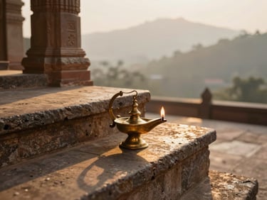 Intimate close-up of brass oil lamps glowing on stone steps of a temple in Ayodhya, warm shadows, dramatic shafts of light