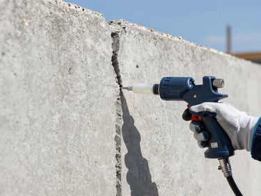 Close-up of a polymer injection gun sealing a crack in a concrete wall, technician's gloved hand, professional architectural photography, sharp focus