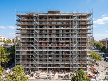 Wide shot of a multi-story residential building undergoing structural renovation, scaffolding neatly organized, clear blue sky, bright natural daylight.