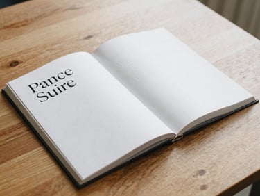 A beautifully printed brand guidelines book open on a clean wooden desk, showcasing elegant serif typography and generous white space.