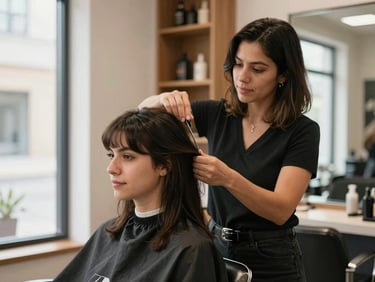 Latina woman at a hair salon chair styling a client's hair, natural window light from the left, salon interior with warm wooden shelving visible in the background