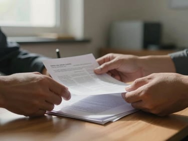 Close-up of hands sorting paperwork and receipts on a wooden desk in a small office, natural window light from above-left, pen visible, soft background blur showing a real workspace interior