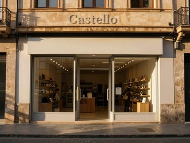 Wide shot of a street-level shop front on a commercial street in Castellón, golden hour light washing across the facade, door open, interior partially visible, no people, real urban commercial context