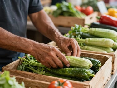 Close-up of a Latino man's hands arranging fresh produce on a market stall counter in natural morning light, wooden crates and colourful vegetables visible in the background