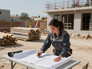 Wide-angle view of a small construction site in Castellón, a Latina woman in work clothes reviewing blueprints on a table outdoors, bright midday natural light, building materials stacked behind her