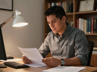 Latino man at a desk in a small office, reviewing documents under warm desk lamp light, bookshelves and a framed certificate visible on the wall behind him