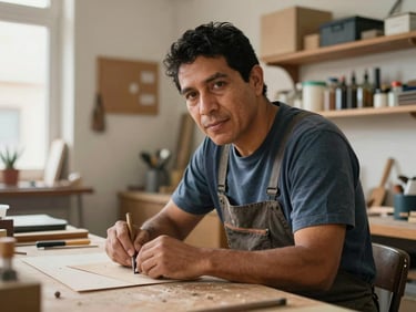 Environmental portrait, natural daylight, a Latino craftsperson at a workbench in their workshop in Castellón — hands engaged with a tool on a piece of material, face partially turned toward camera, shelving with supplies in background, warm interior light