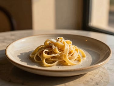 Close-up of fresh handmade pasta being served on a rustic ceramic plate, warm golden hour light, shallow depth of field