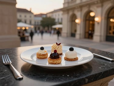 Artisanal dessert plate with delicate pastries, ambient evening plaza lighting, luxury presentation