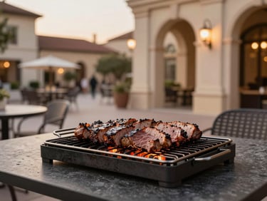 Gourmet sliced meats grilling over hot coals on an outdoor dining table, soft evening plaza lights in the background