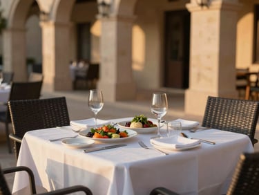 Elegant outdoor dining table with fresh Mediterranean dishes, warm golden-hour sunlight, soft focus