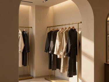Elegant boutique interior with soft beige walls, minimalist brass clothing racks holding linen garments, warm ambient lighting
