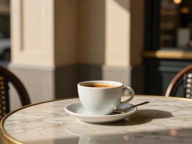 Close-up of an espresso cup on a marble table, sunlit outdoor cafe, soft shadows, warm beige tones