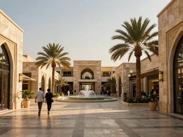 Wide-angle architectural photograph of a modern open-air shopping plaza in New Cairo, warm golden-hour light casting long shadows, limestone facades, lush palm trees, water fountain, elegant people walking, 35mm lens