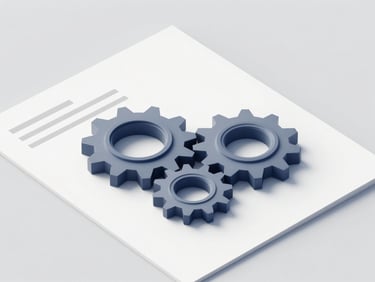 A minimalist 3D render of interlocking geometric gears and clean document pages, bright studio lighting, slate gray tones