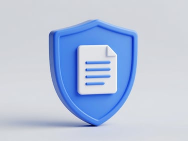Minimalist 3D render of a secure shield with file icons, clean geometric shapes, corporate blue, bright studio lighting