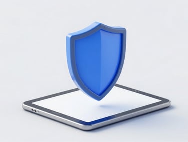 A minimalist 3D render of a secure shield hovering over a clean digital tablet screen, bright studio lighting